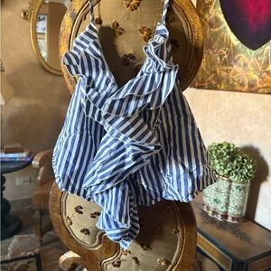 Naracamicie Navy and White Striped Ruffle Cami Halter Top